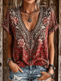 Women's Vintage Western-Print V-Neck Top