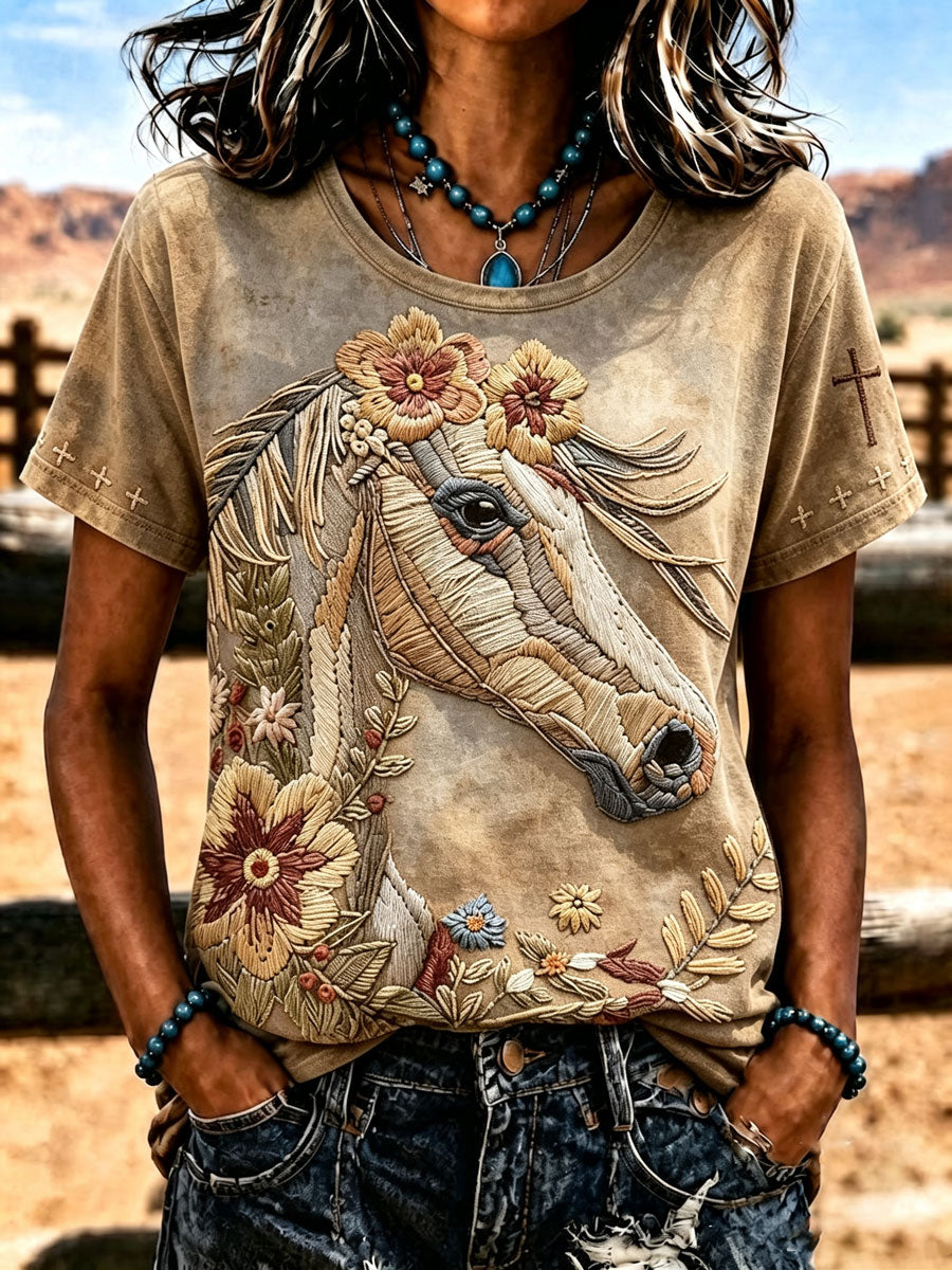 Damen-T-Shirt im Western-Stil mit Tiermotiv und Rundhalsausschnitt
