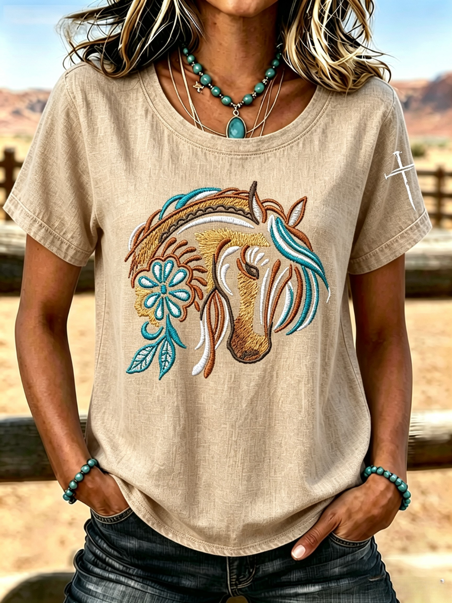 Damen T-Shirt mit Tiermuster, Western-Stil, Rundhalsausschnitt