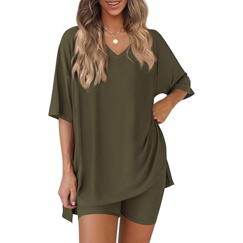 Women’s Buttery-Soft V-Neck Lounge Set – Oversized Split-Hem Top & Biker Shorts