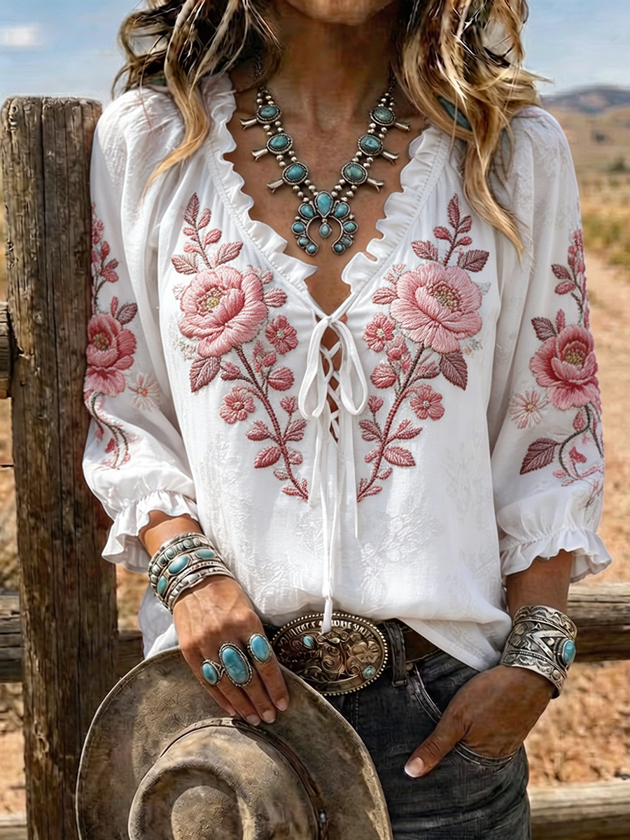 Blusa western floral de encaje y con cordones para mujer
