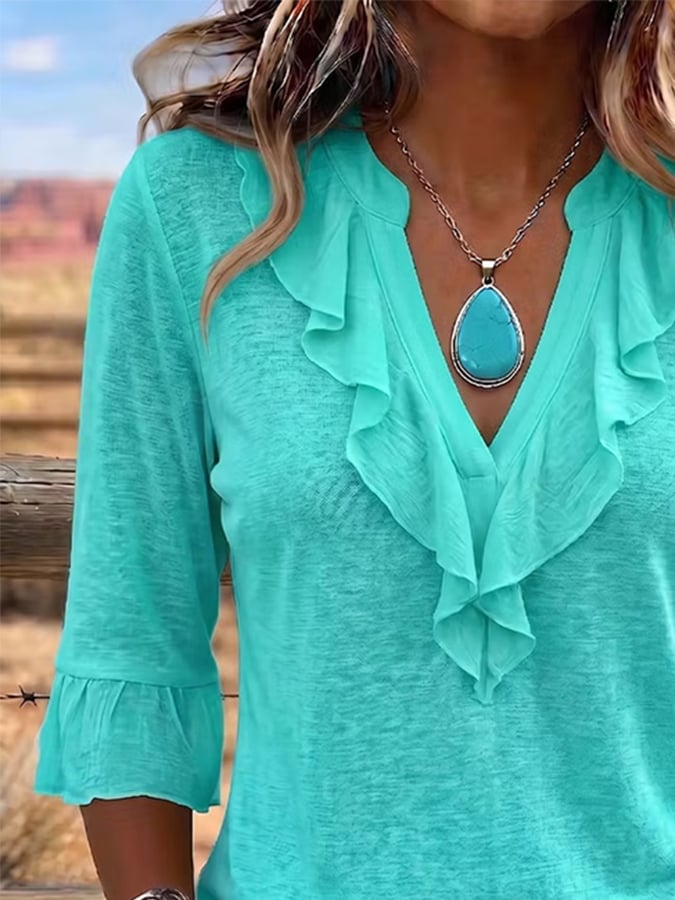 Women's Casual V-Neck Ruffled Cotton-Linen Top