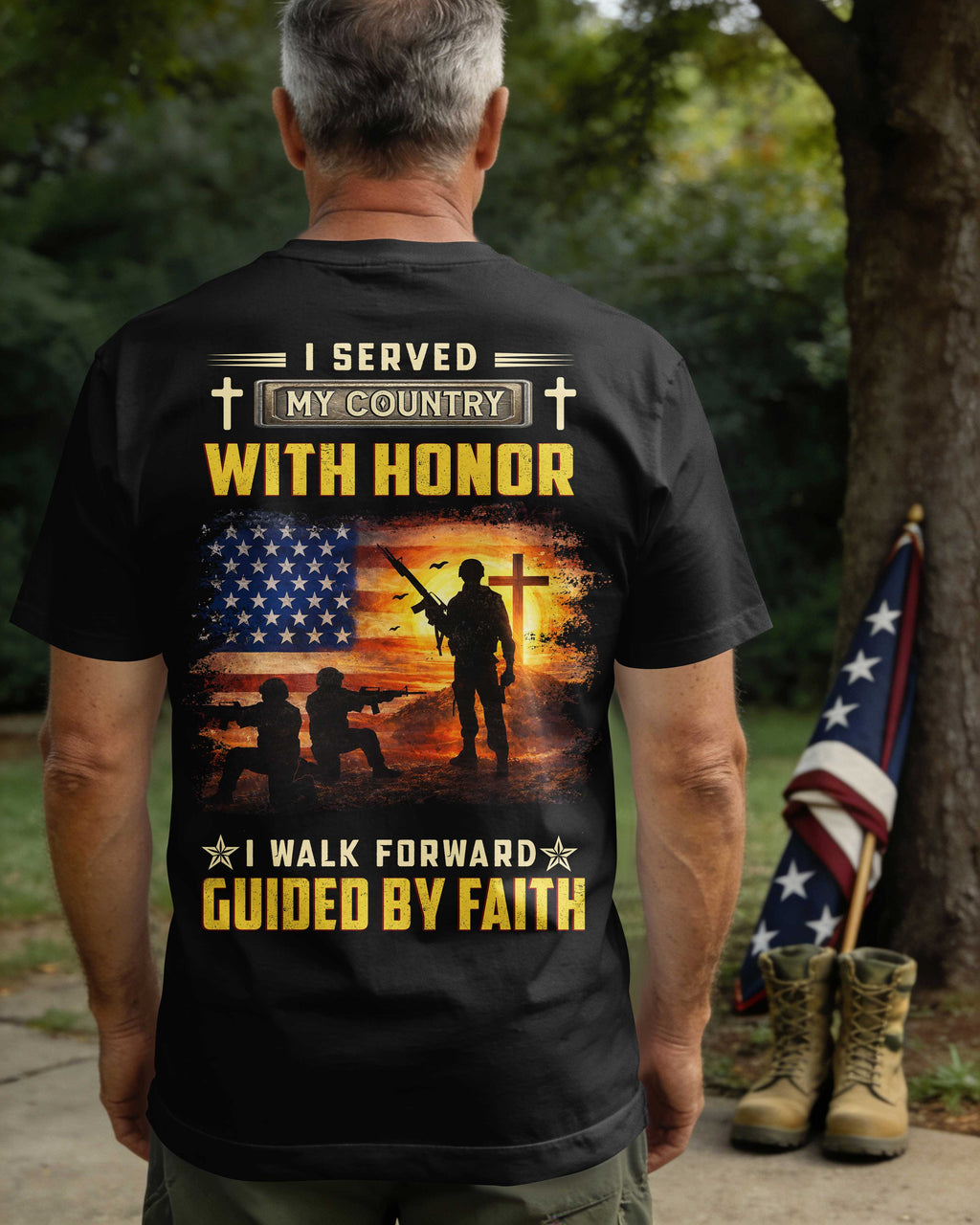 I Served My Country With Honor I Walk Forward Guided By Faith T-Shirt