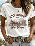 Retro Ethnic Floral Art Printed Round Neck Women's T-Shirt
