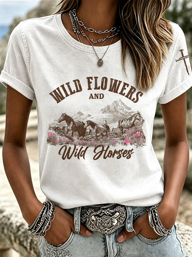 Retro Ethnic Floral Art Printed Round Neck Women's T-Shirt