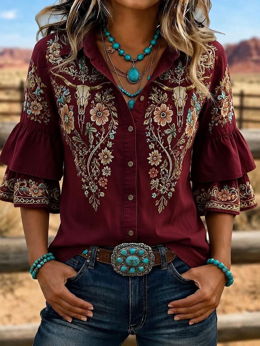 Camisa vaquera de mujer con calavera de toro bordada y mangas con volantes