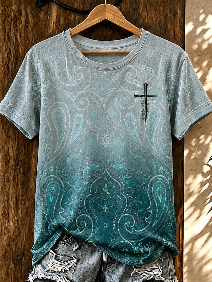 Women'S Western Style Cross Casual Round Neck T-Shirt