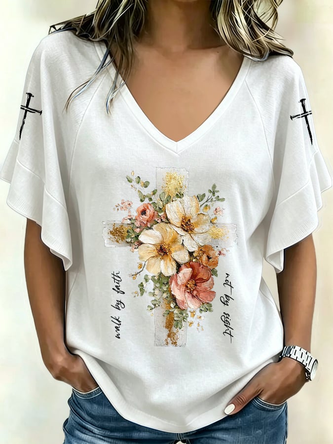 Camiseta casual de mujer con estampado «Camina por fe, no por vista»