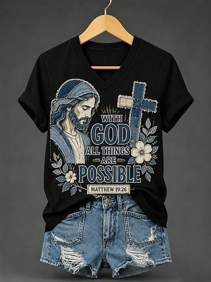 Camiseta retro con estampado «Con Dios todo es posible» y temática de fe para mujer