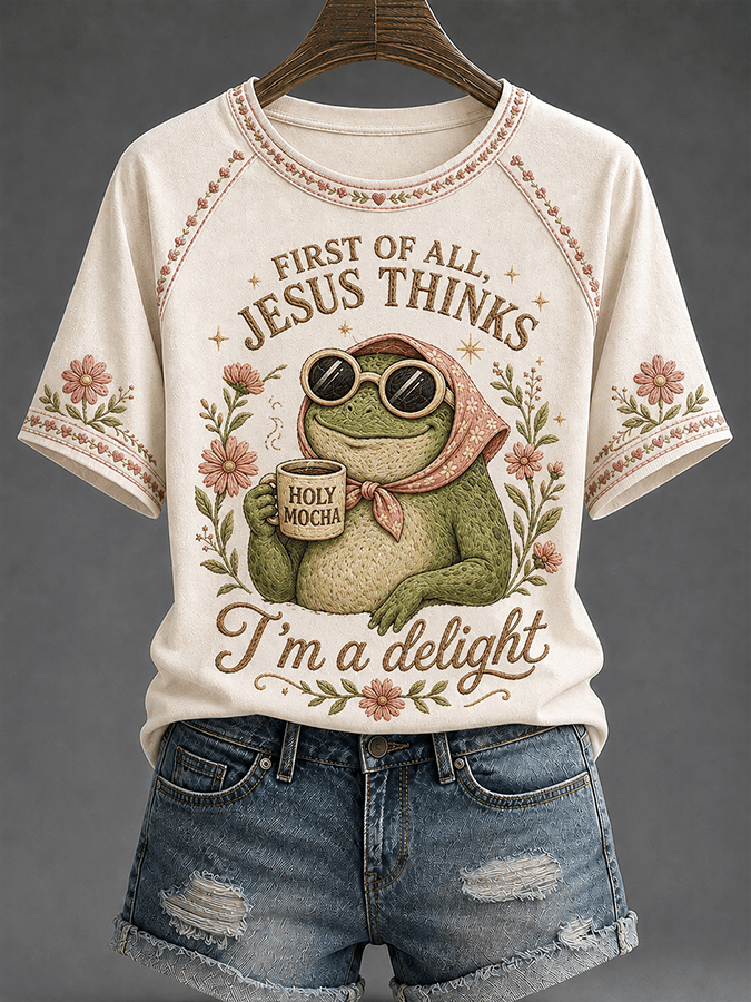 „Zuallererst, Jesus denkt, Heiliger Mokka, ich bin eine Wucht“ Legeres Raglan-Kurzarm-T-Shirt