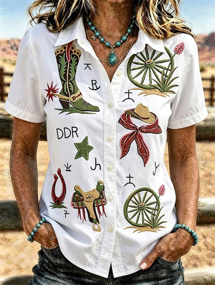 Camisa western de manga corta con bordado de bota vaquera y herradura