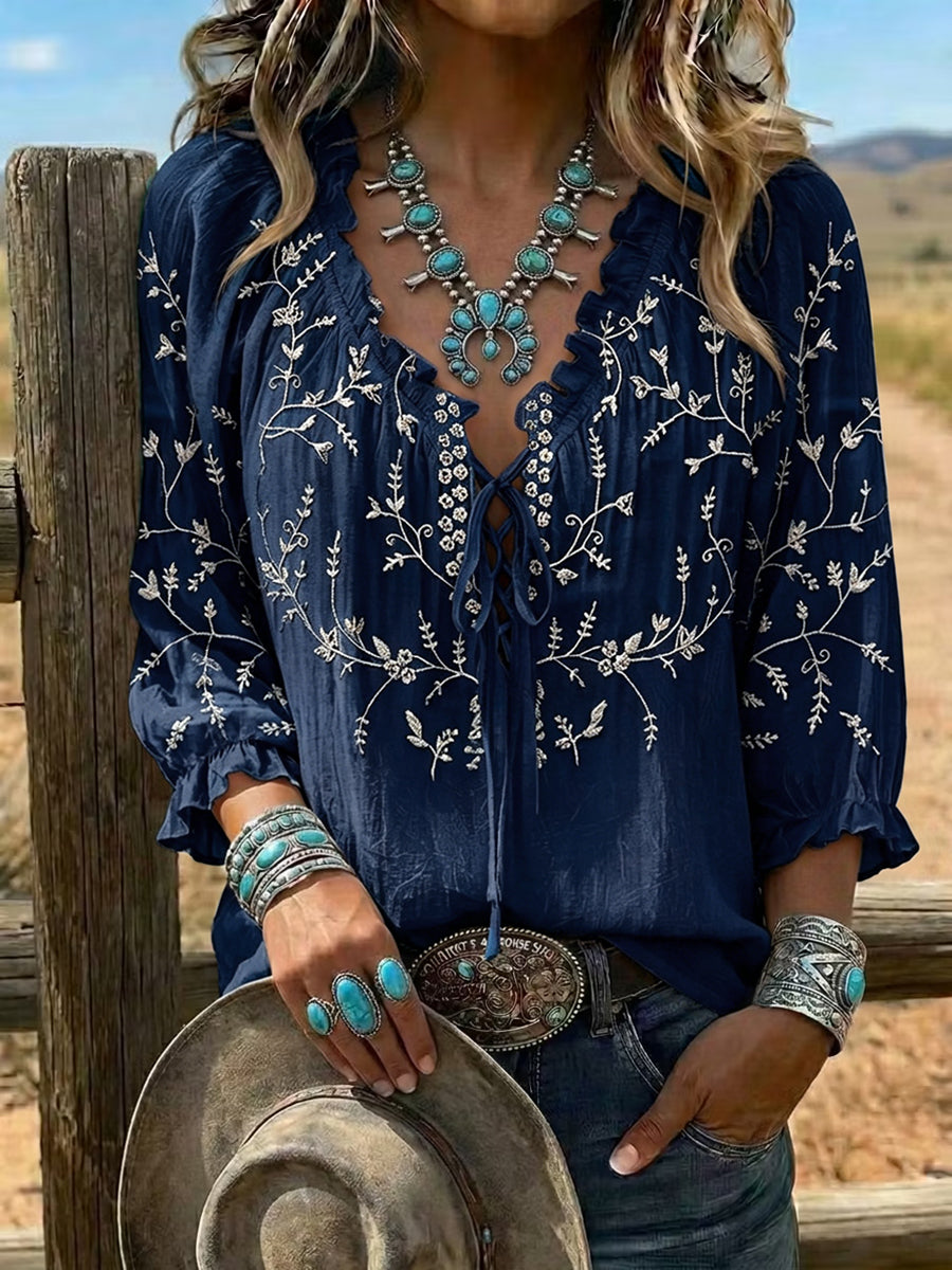 Camisa informal para mujer con estampado floral vintage, volante y lazo
