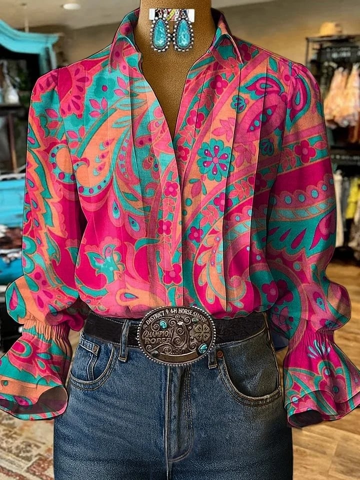 Women's Casual Western Puff Sleeve Patterned Shirt