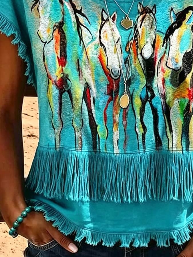 Women'S Casual Tassel Patchwork Printed Top