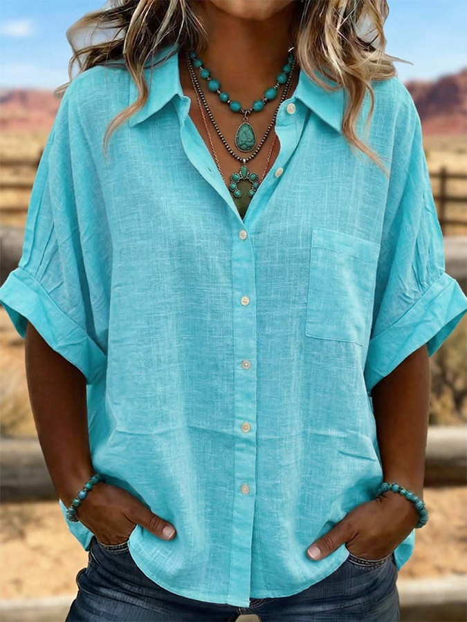 Camisa vintage de algodón y lino con diseño artístico de patchwork