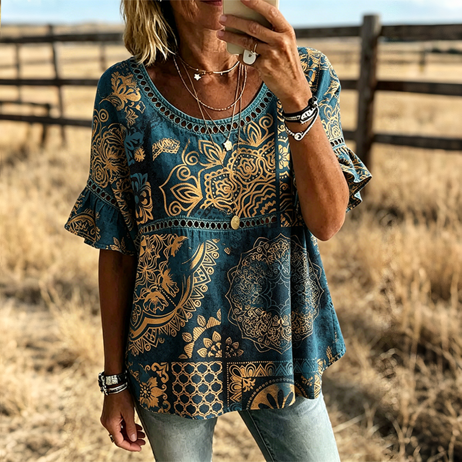 Women's Paisley Print Lace Trim Ruffle Short Sleeve Western Blouse