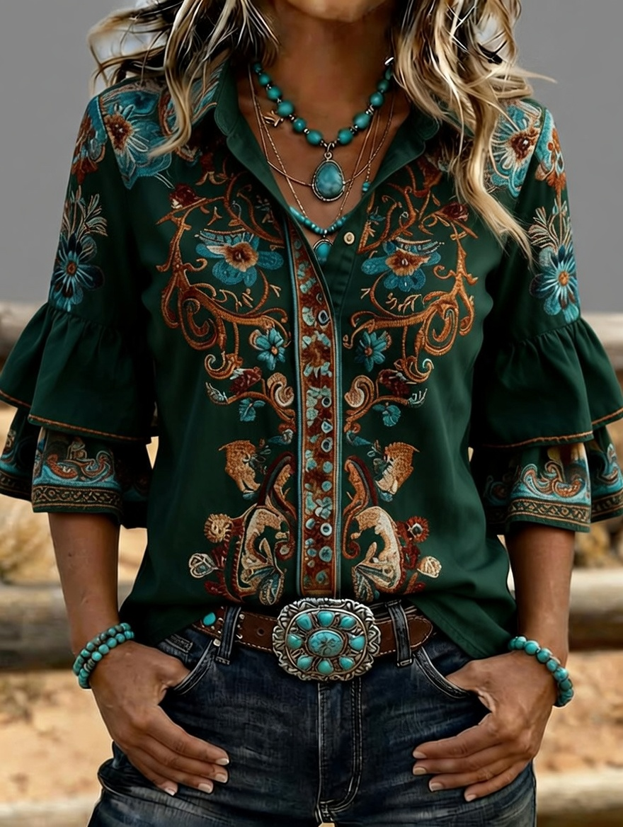Camisa vaquera western para mujer con bordado floral y mangas acampanadas