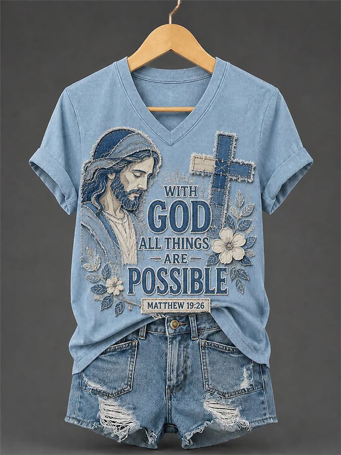 Women's Retro With God All Things Are Possible Faith  Print T-shirt