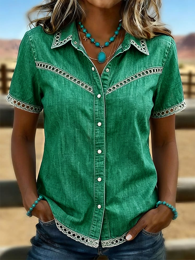 Camisa vaquera informal de color liso, estilo western retro y con detalles calados para mujer