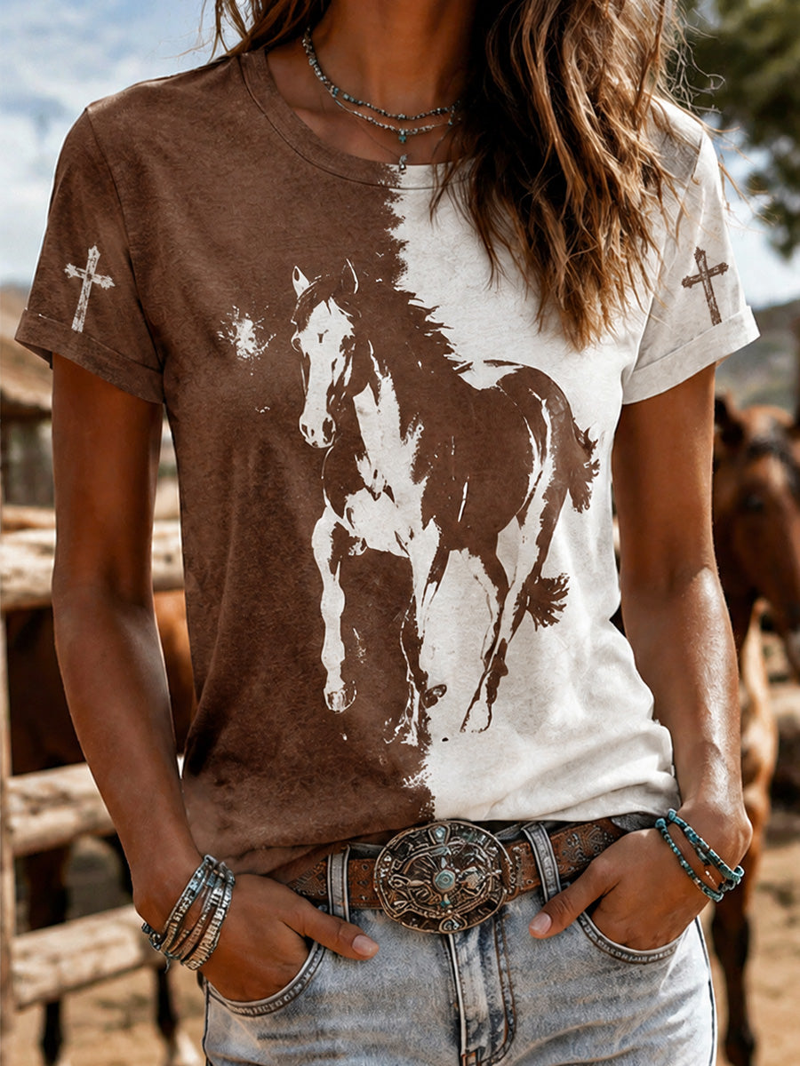 Women'S Western Style Animal Cross Round Neck T-Shirt