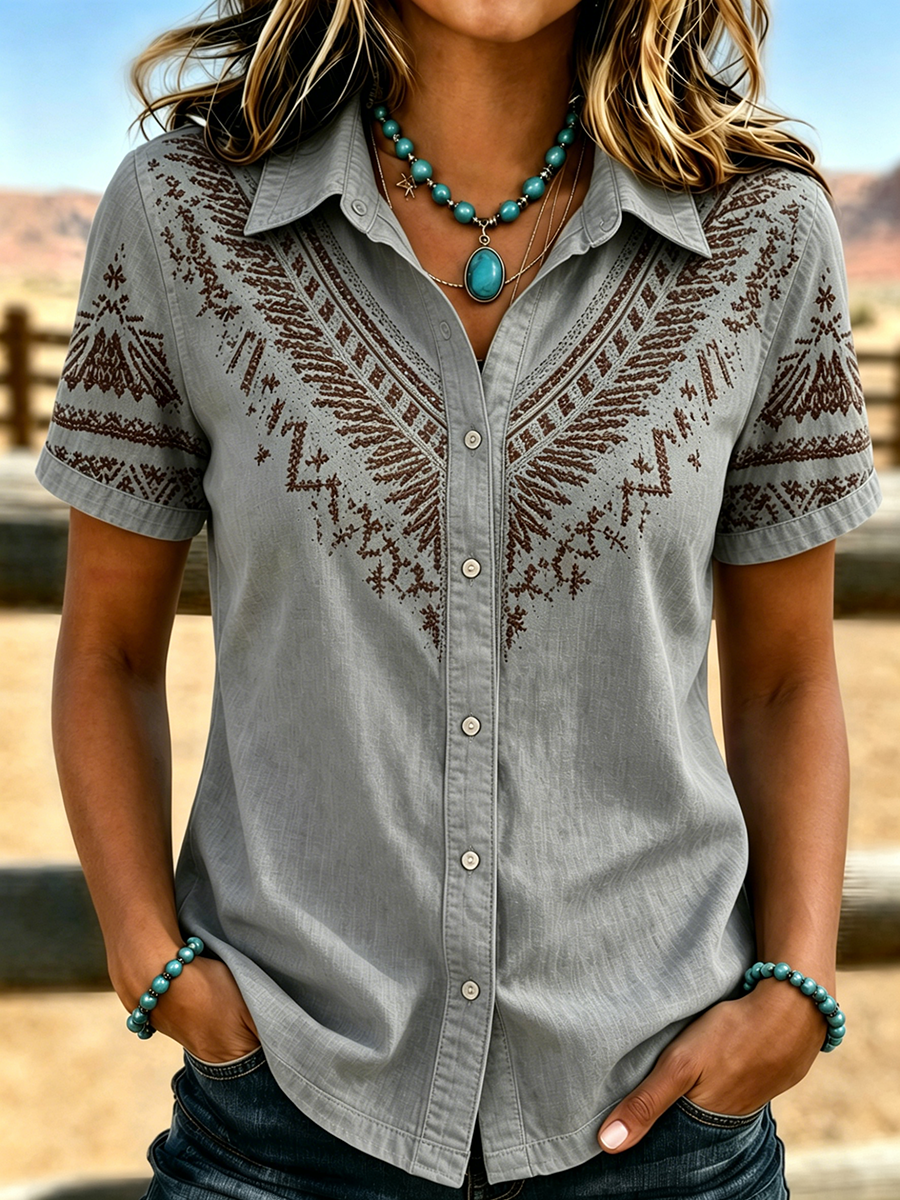 Camisa de manga corta estampada de estilo western retro para mujer