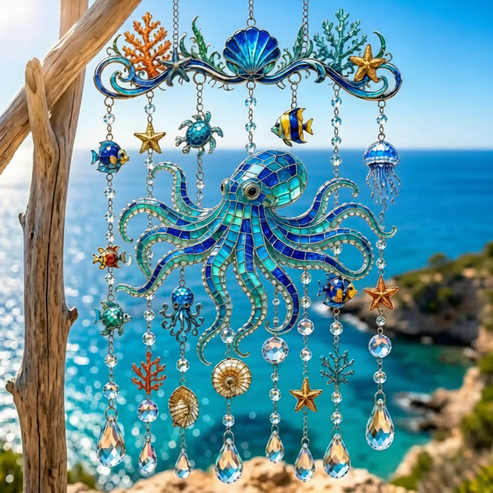 🔥🐋🐢🐬Carillon Éolien en Cristal Thème Océan â€?🌊Apportez la Lumière de l'Océan à Votre Jardin