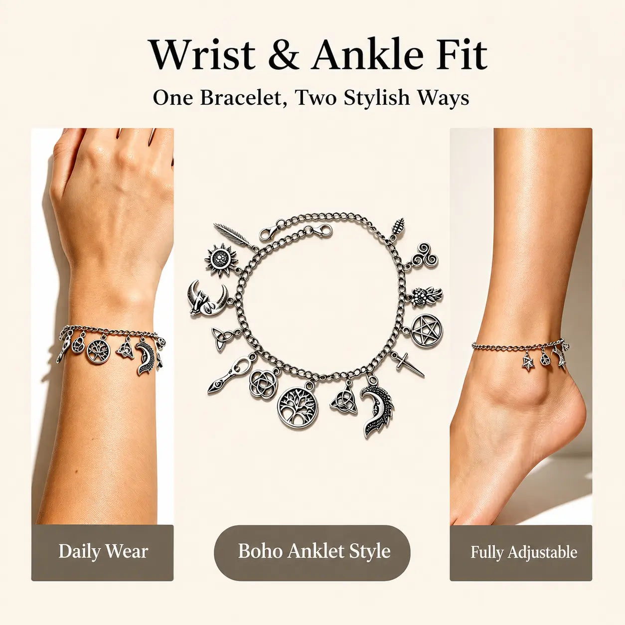 2-in-1 Vintage Moon & Tree of Life Charm Bracelet Anklet for Women