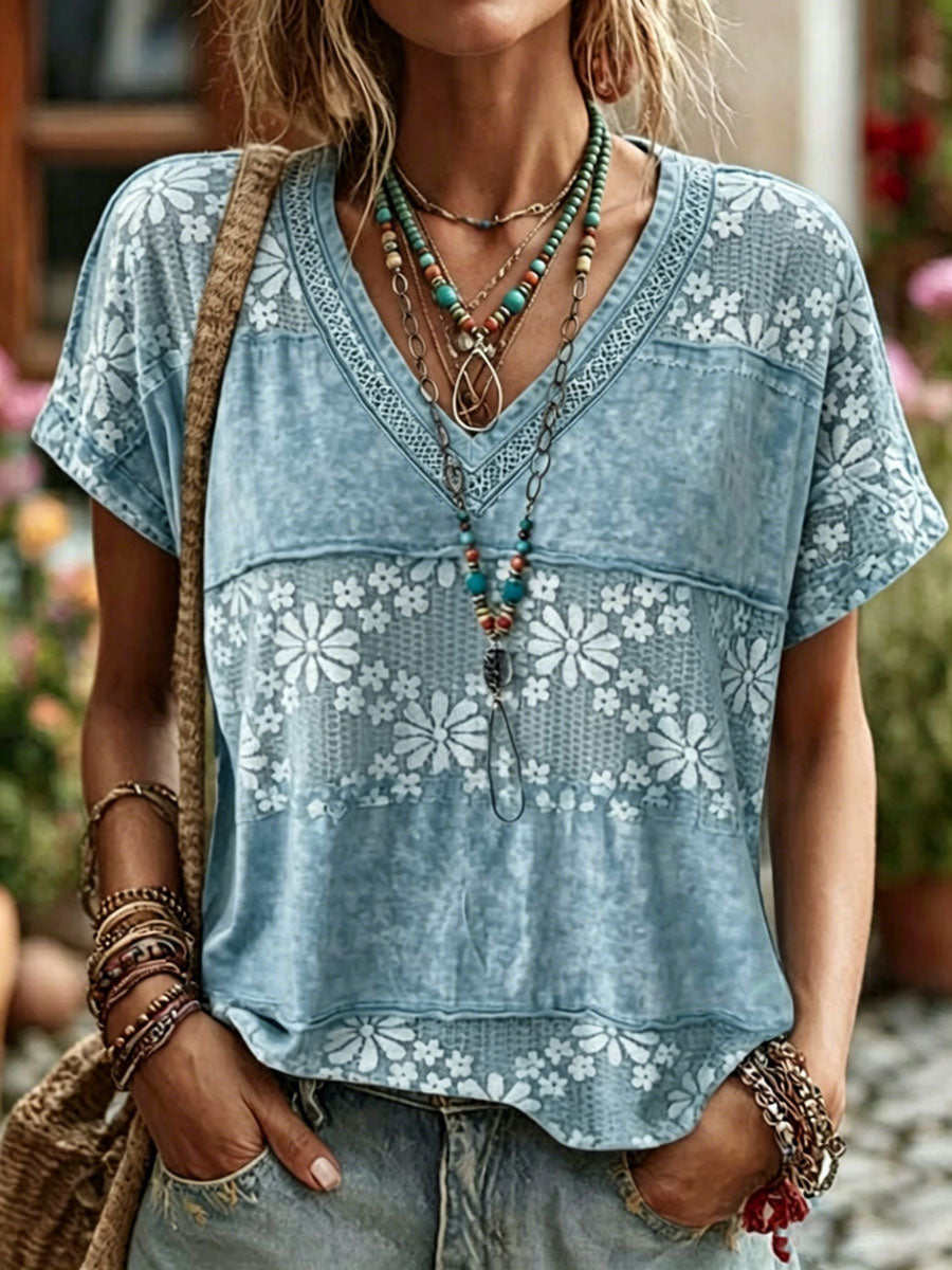 Top informal de algodón y lino con estampado floral y manga corta para mujer