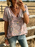 Women's Boho Paisley Print V Neck Trim Short Sleeve Western Blouse
