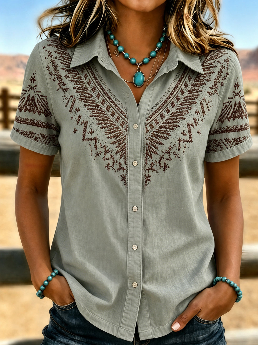 Camisa de manga corta estampada de estilo western retro para mujer