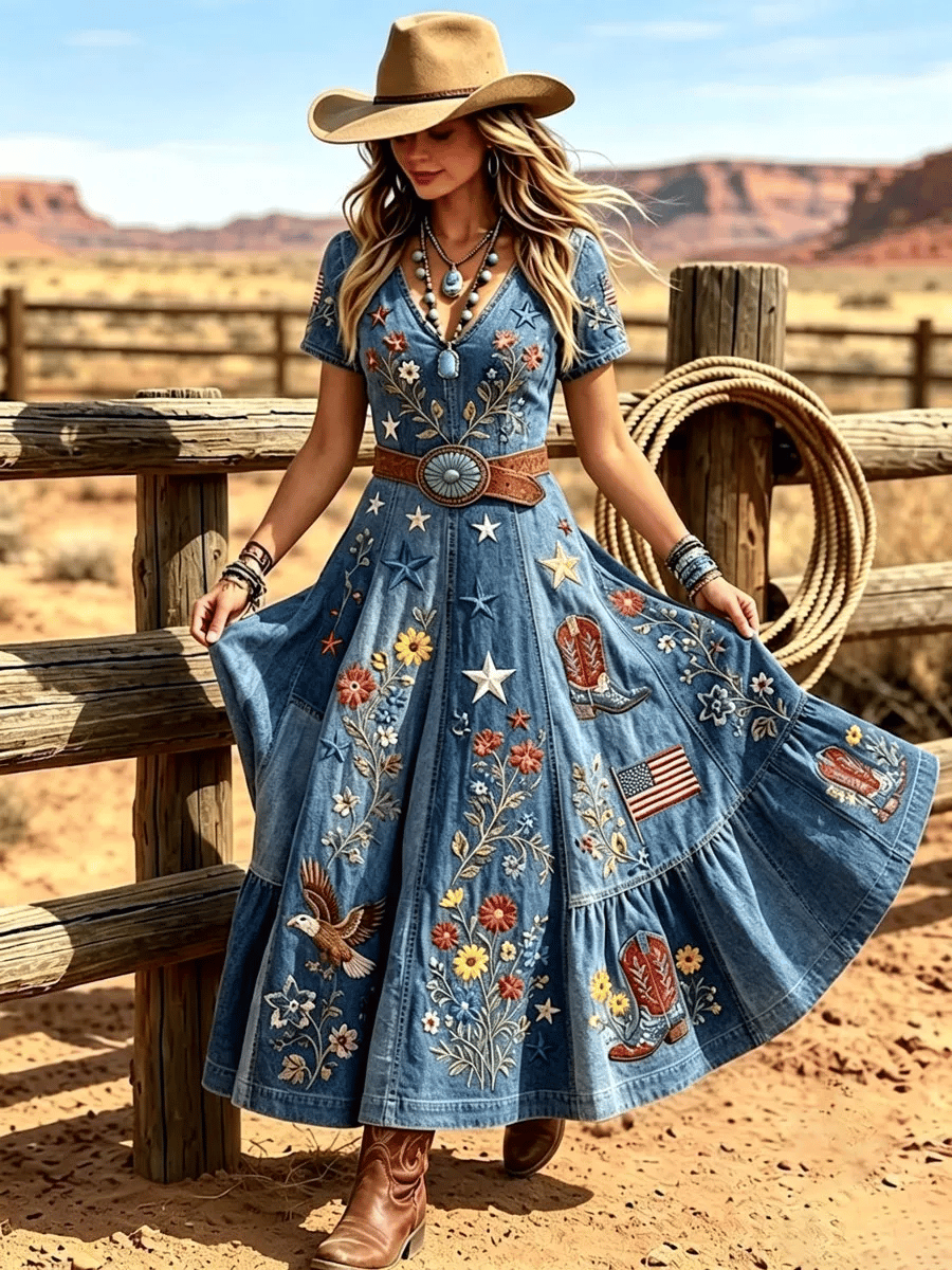 Women's Retro Western Print Short-Sleeve Dress