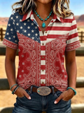 Women'S Retro Western Style Patriotic Printed Short Sleeved Shirt