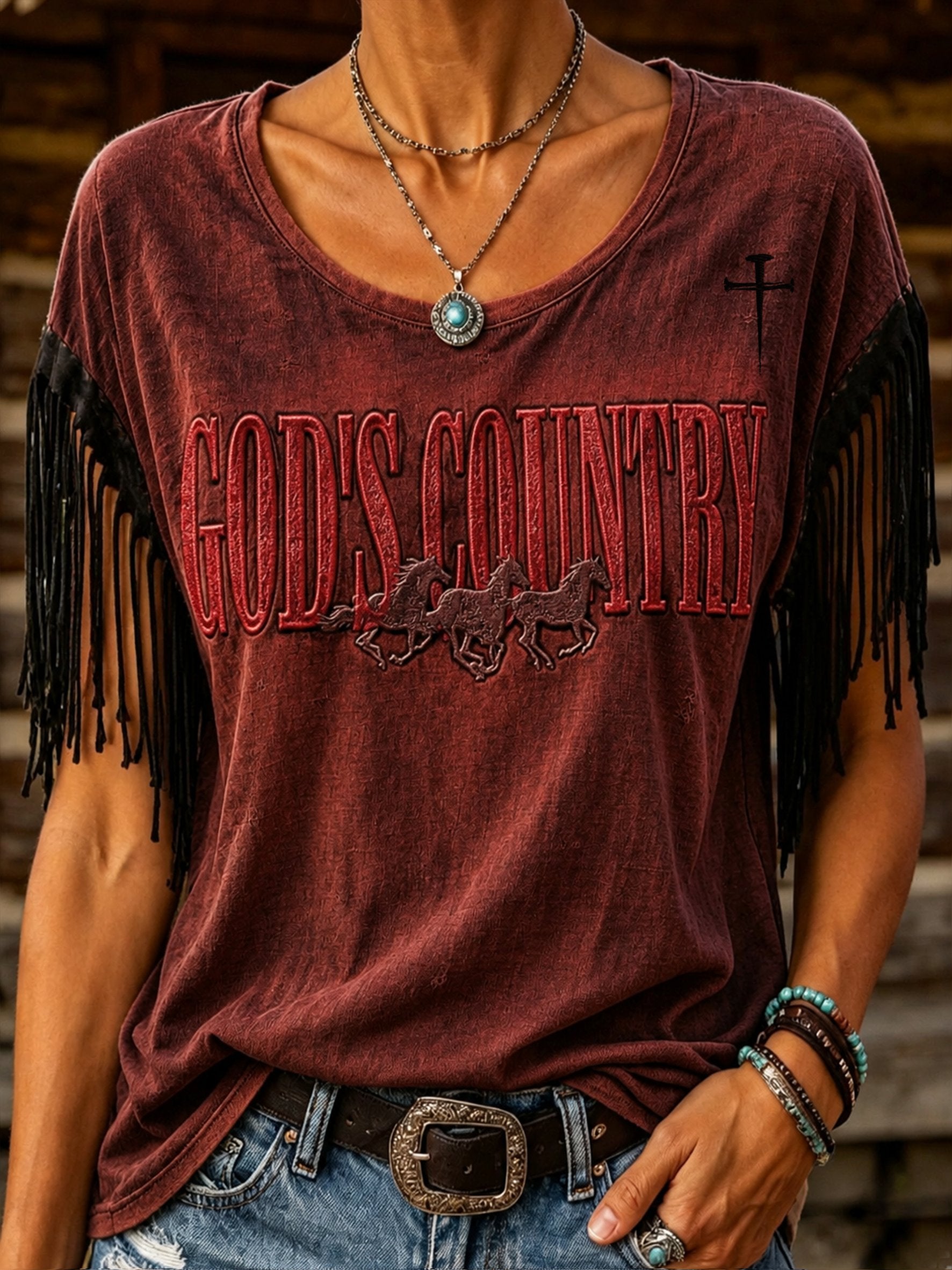 Top retro western con cuello redondo y flecos para mujer