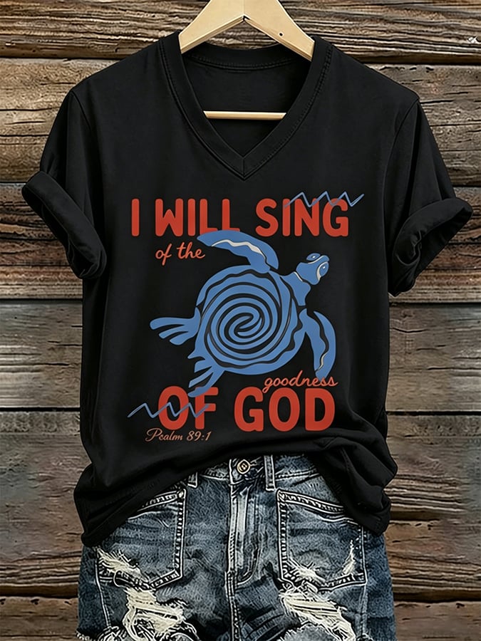 Camiseta estampada de fe para mujer, ideal para vacaciones y ocio en la playa, con tortuga marina y el mensaje «Cantaré de la bondad de Dios»