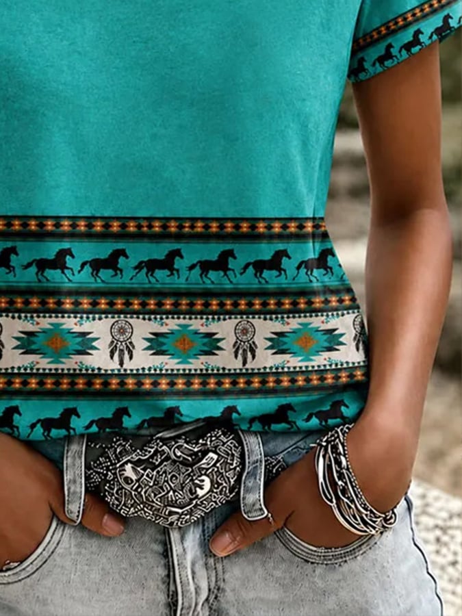 Women's Western-Style Vintage Print Crew-Neck T-Shirt