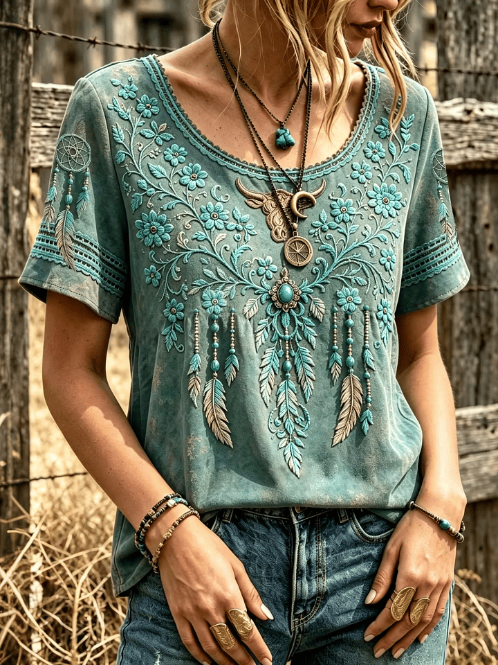 Women's Vintage-Style Western Print Top