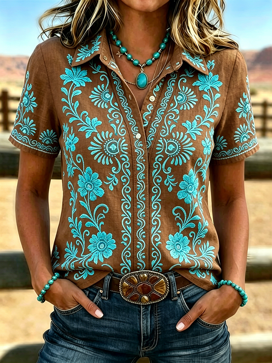 Camisa western floral retro informal para mujer