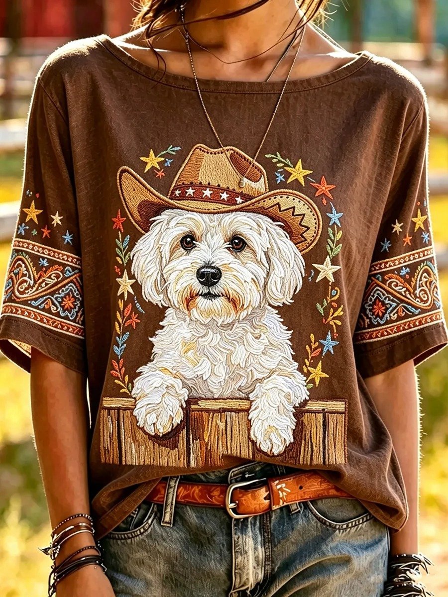 Women's Brown Mid-Sleeve Top with Cowboy Hat-Wearing Dog Embroidery