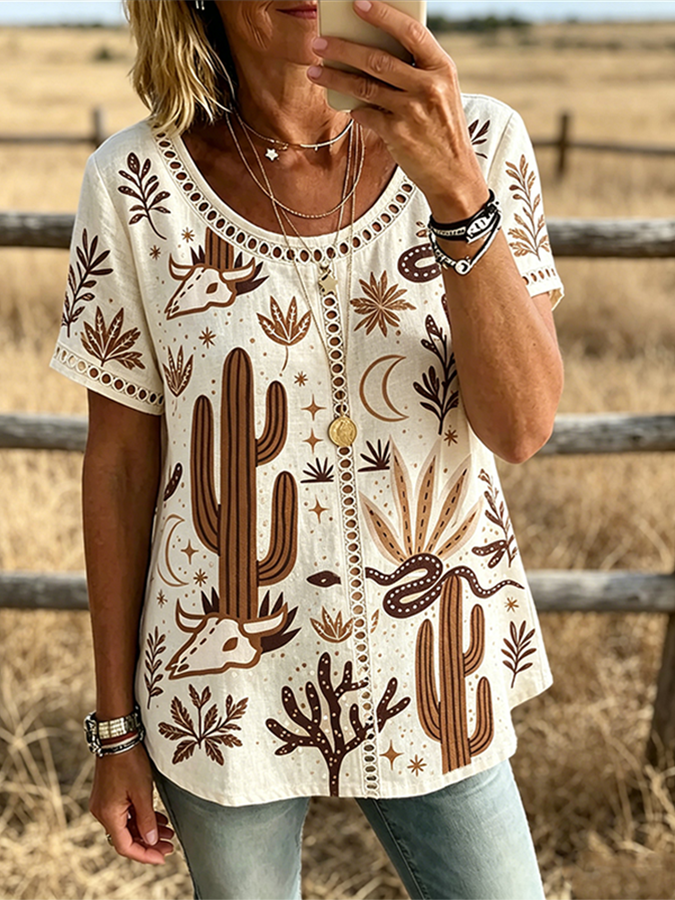 Top casual vaquero de mujer con estampado de cactus, toro y calavera, ribete y manga corta