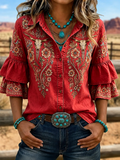 Women's Western Bull Skull Embroidered Ruffle Sleeve Shirt