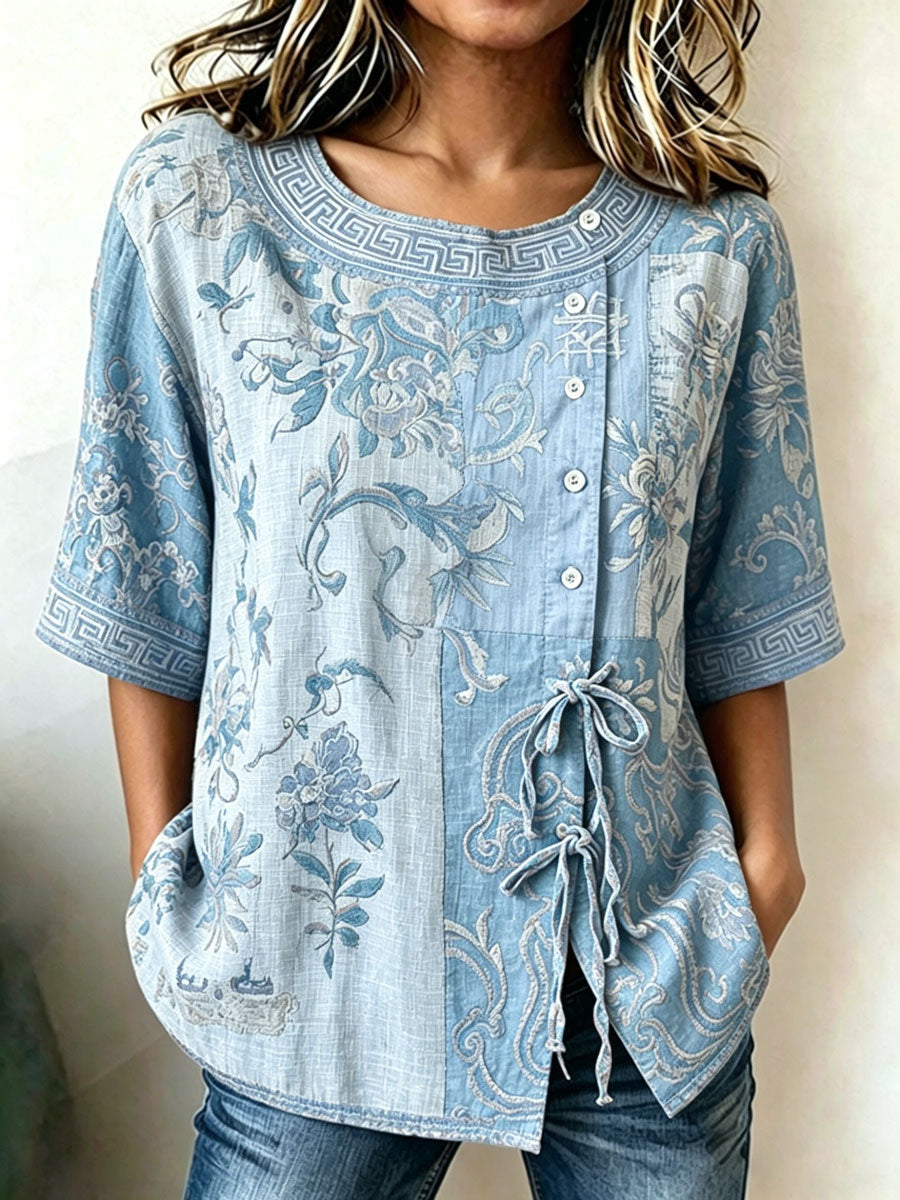 Top casual estampado de algodón y lino para mujer