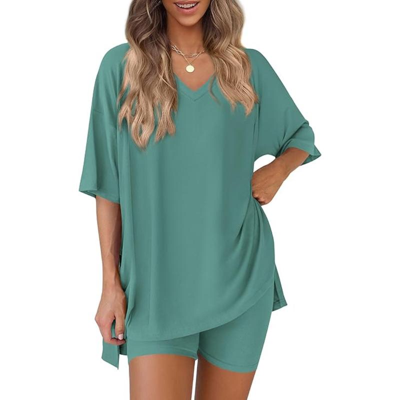 Women’s Buttery-Soft V-Neck Lounge Set – Oversized Split-Hem Top & Biker Shorts