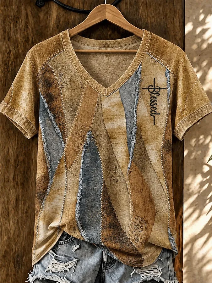 Women's Vintage Western Faith-Print V-Neck Top
