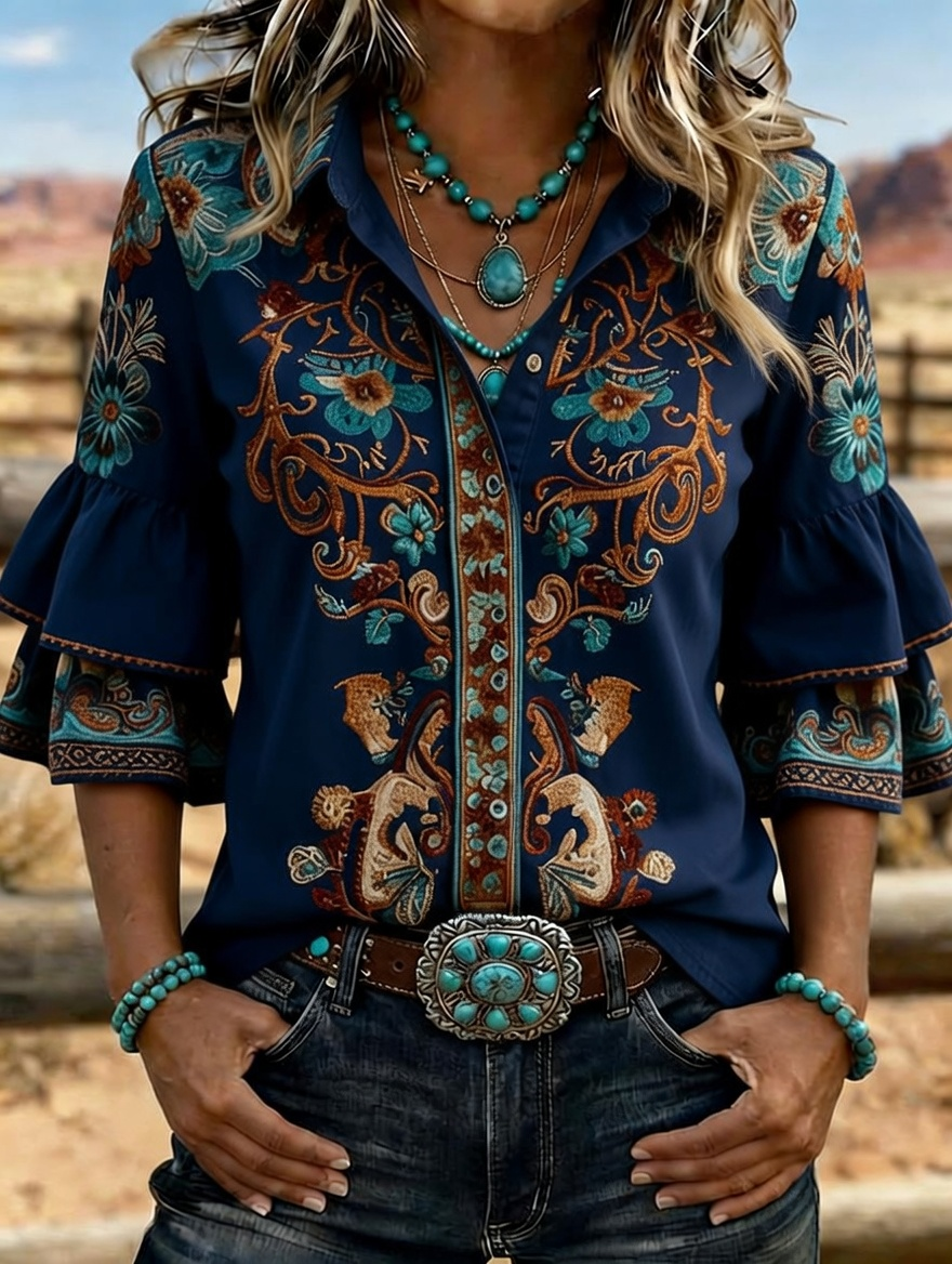 Camisa vaquera western para mujer con bordado floral y mangas acampanadas