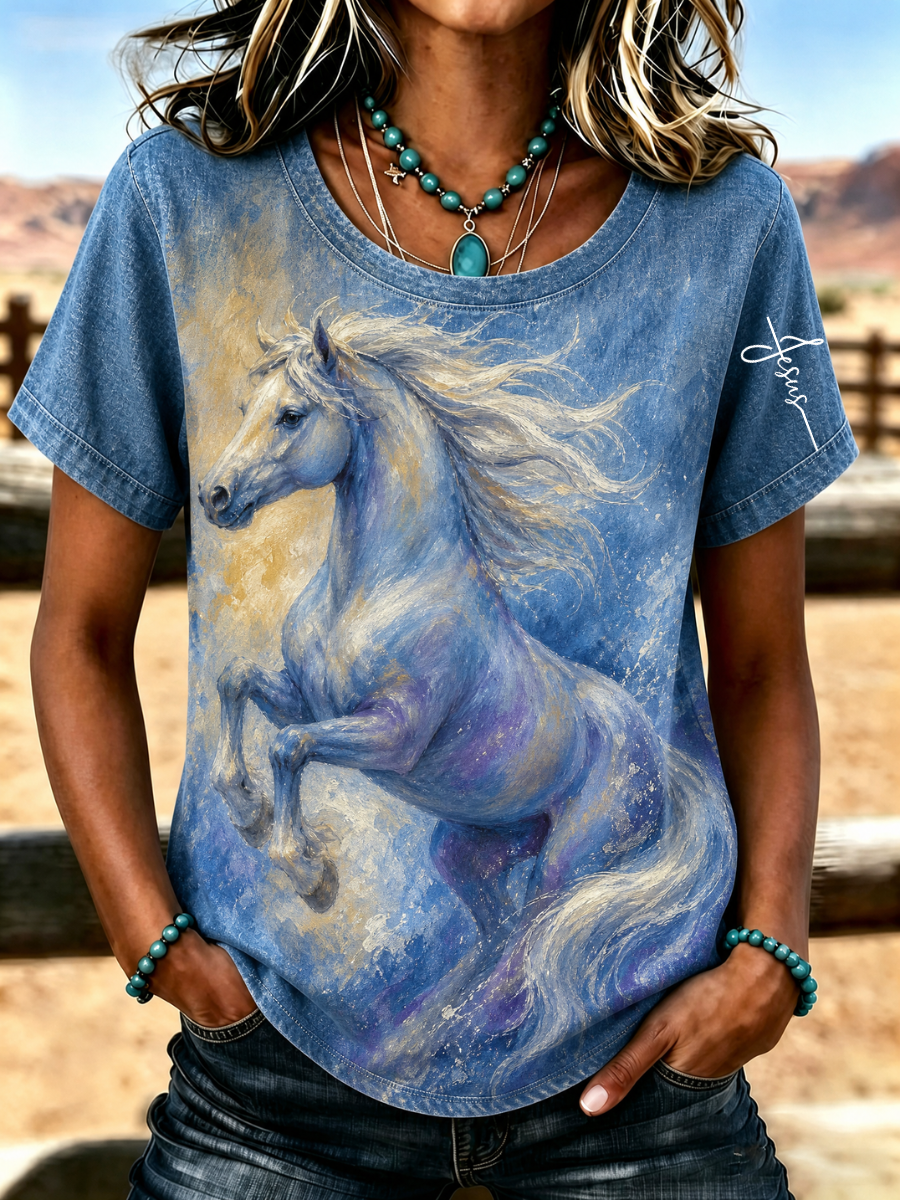 Women's Western Style Animal Cross Round Neck T-Shirt
