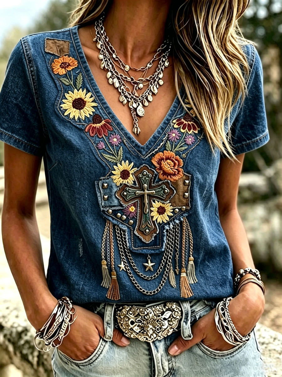 Camiseta informal de estilo western retro y de fe para mujer