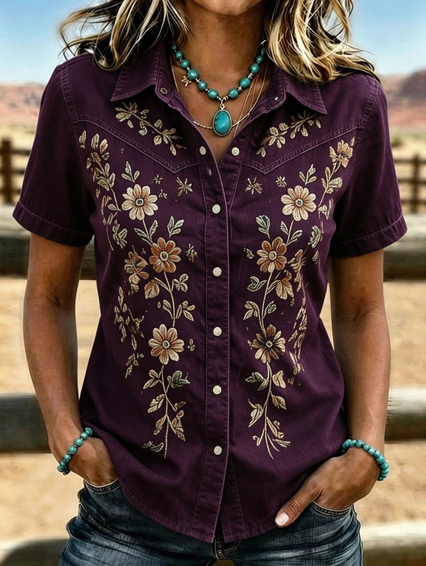Camisa western de manga corta con bordado floral para mujer