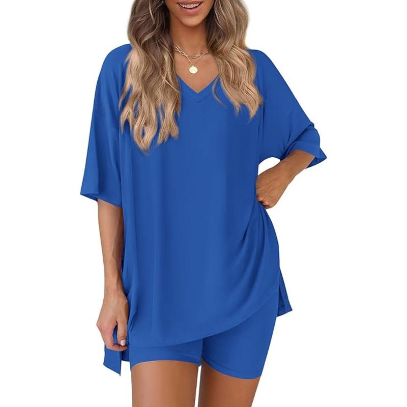 Women’s Buttery-Soft V-Neck Lounge Set – Oversized Split-Hem Top & Biker Shorts