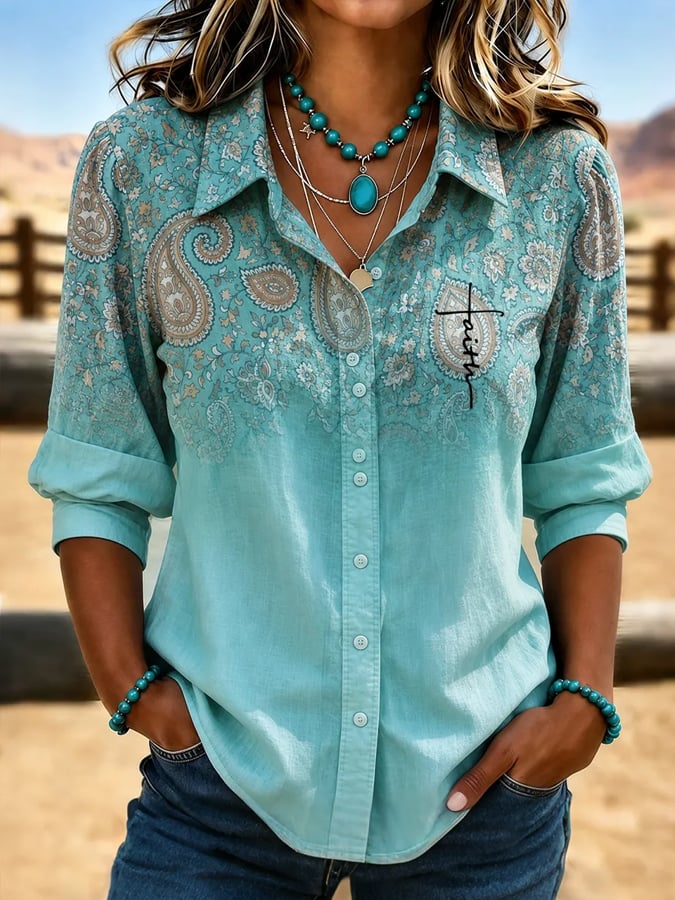 Women's Vintage-Style Western Print Shirt