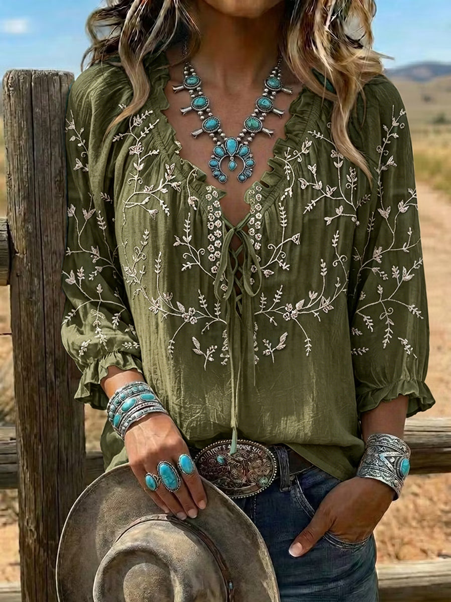 Camisa informal para mujer con estampado floral vintage, volante y lazo